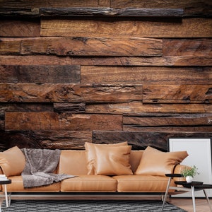Dunkelbraune Holzdielen Tapete: Schälen und Aufkleben Wandbild