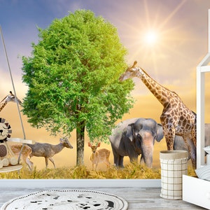 Papier peint mural Animaux de safari : oeuvre d&#39;art de la jungle pour chambre de bébé