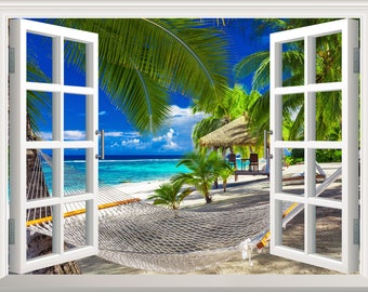 Beach Wall Sticker 3D Fake Window Effect View Wall Decal Removable Vinyl Art Poster Mural Self Adhesive Wall Decor Window Frame Ocean Palm