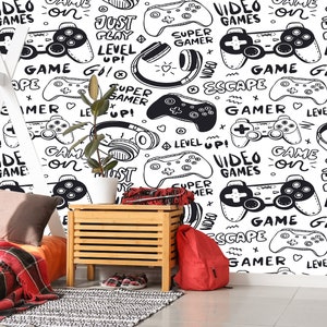 Gaming Wallpaper, Gamer, Video Games, Boy Teenager Wall Mural, Headphones Removable, Self Adhesive Vinyl, Kids Room Peel and Stick Wallpaper