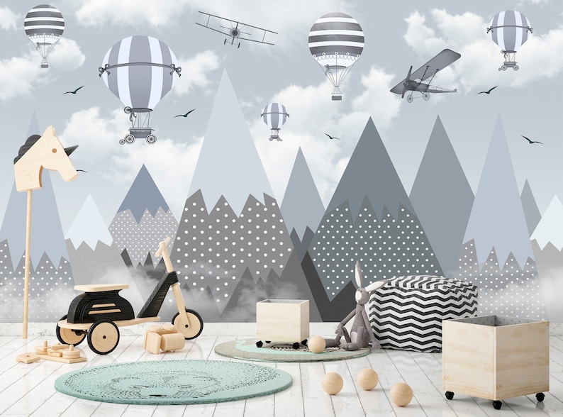 Kids Wallpaper Peel shops and Stick Mountain Wall Mural Removable Wallpaper Airplane Plane Air Balloon Nursery Boy's Room Children Geometric