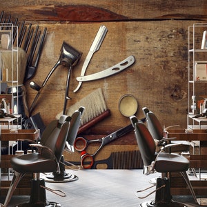 Barbershop Wallpaper Mural: Vintage Salon Decor, Self Adhesive Vinyl