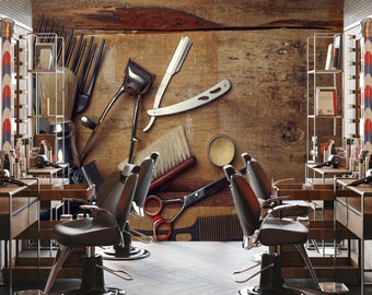 Barber Shop Wallpaper, Schälen und Stick Selbstklebende Vinyl Tapete Entfernbares Wandbild Vintage Art 3D Salon-Werkzeuge Gedrucktes Haar