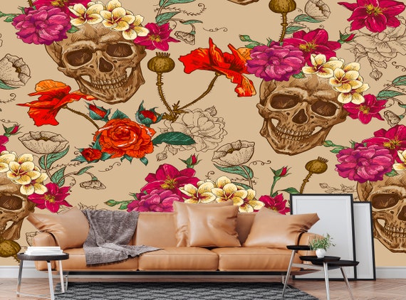 Skull Wallpaper Flowers Photo Wallpaper Skull Wall Mural - Etsy