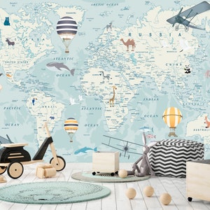 Kids World Map Wallpaper, Peel and Stick Wallpaper, Animals Wall Mural, Airplanes, Balloons, Children Bedroom, Nursery, Photo Wall Decor Art