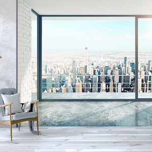 City Wallpaper Mural, 3D Window View Wall Mural  Skyline Removable Self Adhesive Vinyl Peel and Stick Wallpaper Office Loft Modern Trend Art