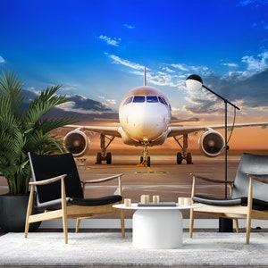 Airplane wallpaper, Self Adhesive Peel and Stick Aircraft on a Runway Wallpaper Removable Vinyl Wall Mural Entryway Office Giant Wall Decor