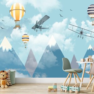 Kids Wallpaper Peel and Stick Mountain Wall Mural Removable Wallpaper Airplane Plane Air Balloon Nursery Boy's Room Children Travel World