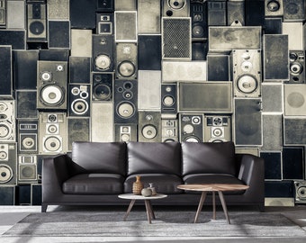 Music Wallpaper - Peel and Stick Removable Music Speakers Wall Mural Dark Music Cafe Design Young Room Kids Teenagers Room Art Vintage Decor