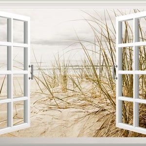 Strand Wandaufkleber 3D Fenster Effekt Ansicht Wandtattoo Abnehmbare Vinyl Kunst Poster Wandbild Selbstklebende Wand Dekor Fensterrahmen Ozean Sanddünen