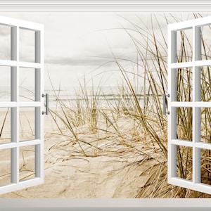 3D Beach Window View Wall Decal: Self-Adhesive Vinyl Mural