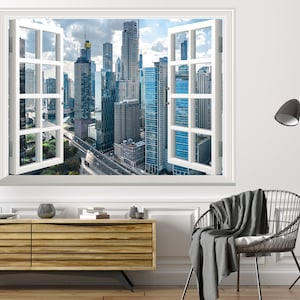Adesivo da parete della città di Chicago, effetto finestra finta 3D, vista sullo skyline, adesivo da parete, rimovibile, in vinile, poster, murale, autoadesivo, decorazione da parete USA
