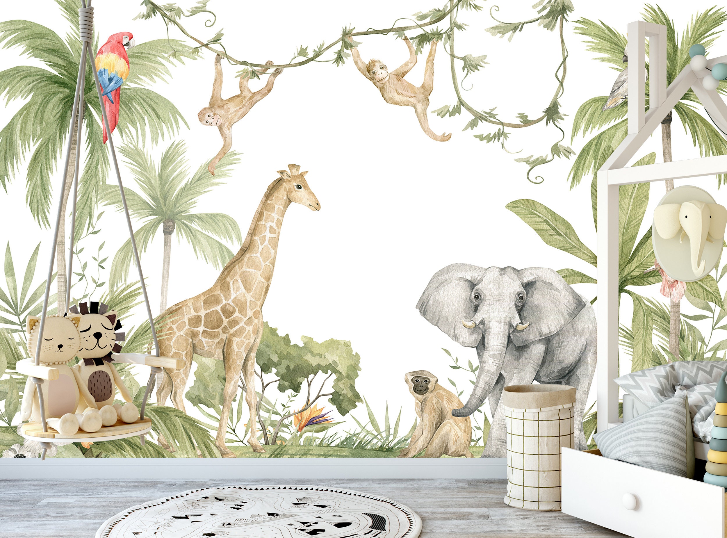 Watercolor Jungle Safari Animals Tree Peel and Stick Wallpaper Self  Adhesive Nursery Décor Fabric Tropical Decal - Custom Sizes Mural #3225