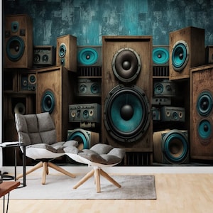 Music Wallpaper - Peel and Stick Removable Music Speakers Wall Mural Dark Music Cafe Design Young Room Kids Teenagers Room Rock & Roll Decor