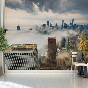 Carta da parati Chicago, carta da parati staccabile e adesiva, murale rimovibile con skyline nebbioso della città, murale con paesaggio urbano per camera da letto