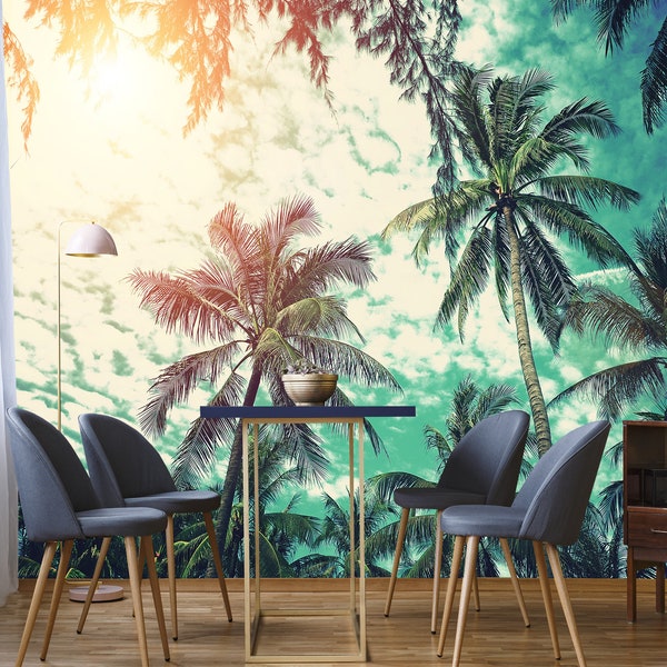 Tropisches Strand Wandbild Schälen und Stick Selbstklebende Palme Tapete Vintage Style Abnehmbares Wandbild Eingangsbereich Wanddekor Wandkunst