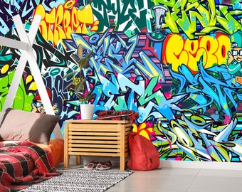 Graffiti Tapete, Graffiti Wandbild, Street Art für Teenager, Kinderzimmer, Abnehmbar, Vinyl, Graffiti Schälen und Stick, Urbane Wanddekoration