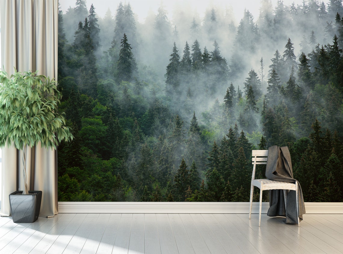 Forest Wallpaper Peel and Stick Misty Forest Wall Mural Self Etsy
