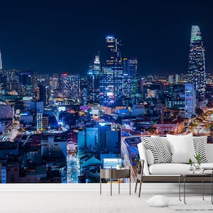 Vietnam City Wallpaper: Peel and Stick Night View Cityscape Mural