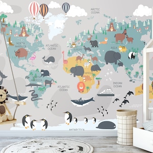 Papier peint carte du monde pour enfants, papier peint animaux, papier peint autocollant, décoration murale pour chambre d'enfant, chambre d'enfant, chambre de bébé, décoration murale, vinyle auto-adhésif