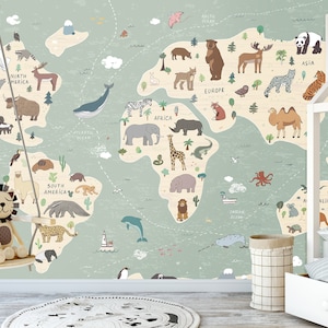 Papier peint carte du monde avec animaux papier peint photo chambre d'enfants chambre de bébé chambre de bébé décoration murale papier peint autocollant