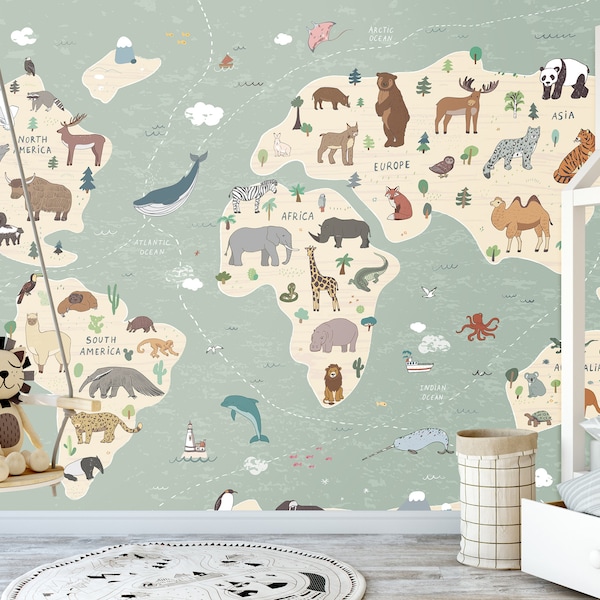 World Map With Animals Wall Mural Photo Wallpaper Kids Children Etsy