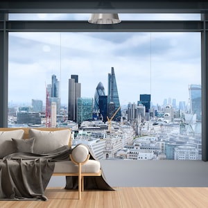 London City Wallpaper Mural, 3D Window View Wall Mural  Skyline Removable Self Adhesive Vinyl Peel and Stick Wallpaper Office Loft Modern