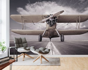 Airplane Wallpaper, Self Adhesive Peel and Stick Airplane on a Runway Take Off Wallpaper Removable Vinyl Wall Mural Entryway Office Decor