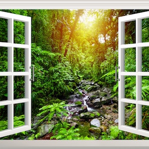 Dschungel Regenwald Wandaufkleber 3D Fenster Effekt Ansicht Wald Wandtattoo abnehmbare Vinyl Kunst Poster Wandbild selbstklebendes Dekor Fensterrahmen