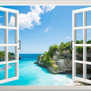 Beach Wall Sticker 3D Window Effect View Wall Decal Removable Vinyl Art Poster Mural Self Adhesive Wall Decor Windrow Frame Ocean Sea Nature