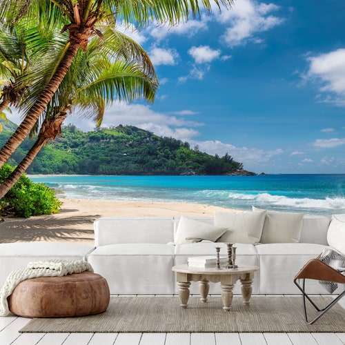Tropical Beach Wall Mural Peel and Stick Self Adhesive Palm Trees Wallpaper Ocean Sea Removable Wall Mural Entryway Wall Decor shops Wall Art