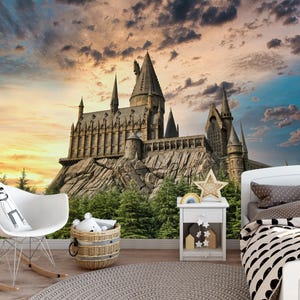Sunset Wizard Castle Wall Mural: 3D Window View, Removable Vinyl Decal