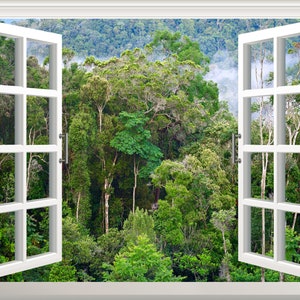 Dschungel Wald Wandaufkleber 3D Fenster Effekt Ansicht Wandtattoo Tropical Entfernbares Vinyl Kunst Poster Wandbild Selbstklebendes Dekor Gefälschter Fensterrahmen