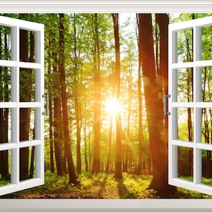 Waldwandaufkleber 3D-Fenstereffekt-Ansicht Landschafts-Wandaufkleber entfernbares Vinylkunst-Poster Selbstklebende Wanddekoration Fensterrahmen