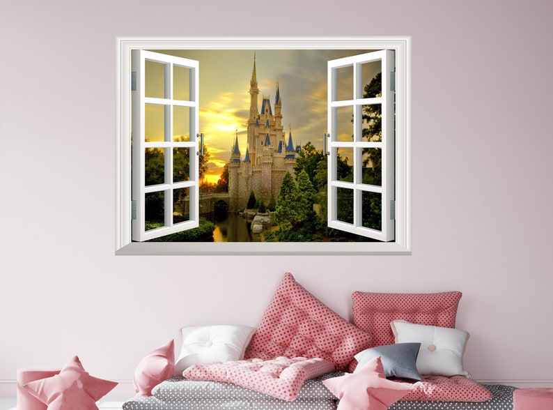 Adesivo da parete castello effetto finestra 3D vista Cenerentola adesivo da parete rimovibile in vinile artistico poster murale autoadesivo decorazione camera dei bambini immagine 4
