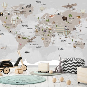 Papier peint carte du monde pour enfants, papier peint autocollant, décoration murale animaux, avion, ballons, chambre d'enfants, chambre d'enfants, art déco mural rétro