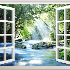 Forest River Wall Decal River Wall Sticker 3D Window Effect View Wall Decal Fake Window Frame Removable Vinyl Art Mural Wall Decor Poster