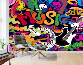 Music Graffiti Wallpaper, Graffiti Wall Mural, Art for Teenager, Guitar, Kids Room, Removable, Vinyl, Graffiti Peel and Stick, Wall Decor