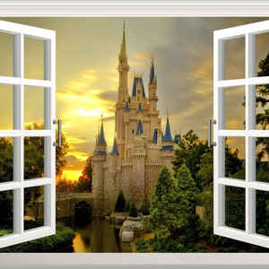 Castle Wall Sticker 3D Window Effect View Cinderella Wall Decal Removable Vinyl Art Poster Mural Self Adhesive Decor Kids Room