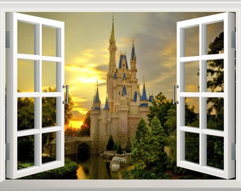 Pegatina de pared de Castillo, efecto de ventana 3D, vista de Cenicienta, calcomanía de pared, póster artístico de vinilo extraíble, Mural, decoración autoadhesiva para habitación de niños