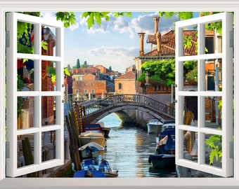 Autocollant mural Venise effet fenêtre 3D - Autocollant mural amovible en vinyle - Décoration murale autocollante - Cadre de fenêtre - Paysage fluvial
