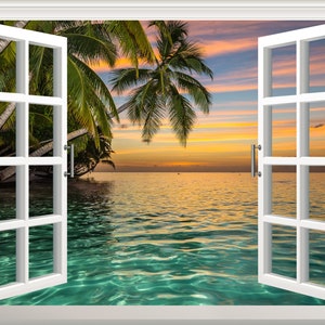 3D Tropical Beach Window View Wall Decal: Self-Adhesive Vinyl Mural