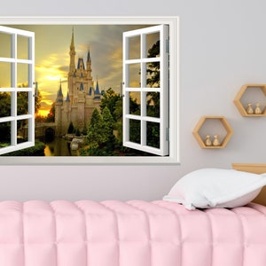 Castle Wall Sticker 3D Window Effect View Cinderella Wall Decal Removable Vinyl Art Poster Mural Self Adhesive Decor Kids Room image 2