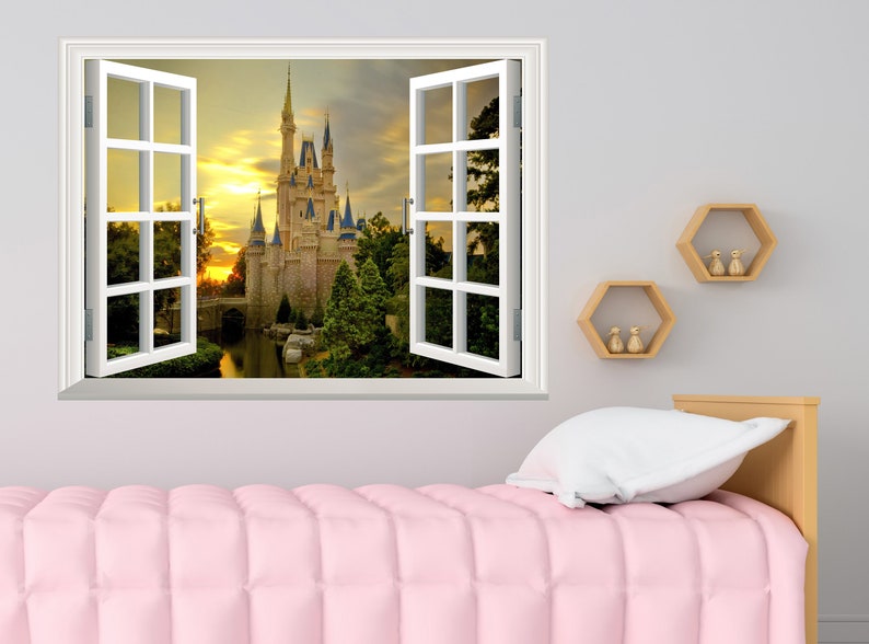 Castle Wall Sticker 3D Window Effect View Cinderella Wall Decal Removable Vinyl Art Poster Mural Self Adhesive Decor Kids Room image 2