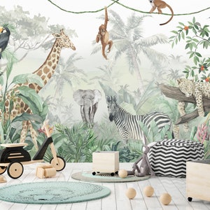 Carta da parati Safari con tema giungla, carta da parati con animali, carta da parati staccabile e adesiva, rimovibile, giraffa, acquerello, murale per bambini, tappezzeria per bambini
