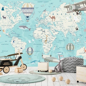 Kids World Map Wallpaper, Peel and Stick Wallpaper, Animals Wall Mural, Airplane, Aircraft Balloons, Travel Children Nursery,  Wall Decor