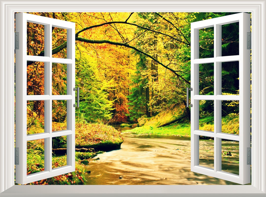 Autumn River Wall Decal Forest Wall Sticker 3D Window Effect View