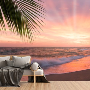 Papier peint plage tropicale : décoration murale en vinyle avec pellicule de protection