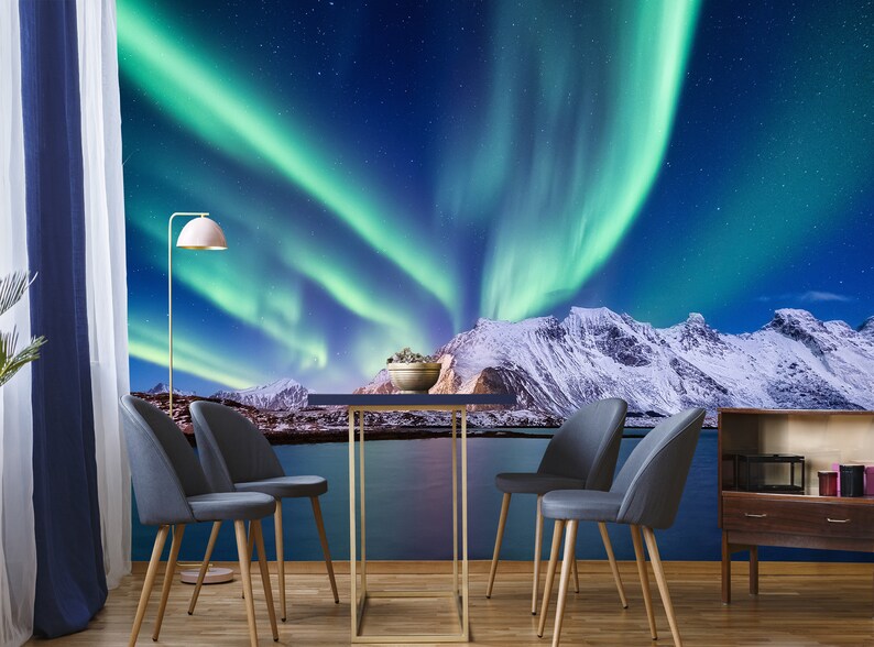 Mountains Wallpaper Northern light Wall Mural Removable Aurora Borealis Photo Wallpaper Removable Self Adhesive Peel and Stick Wall Decal