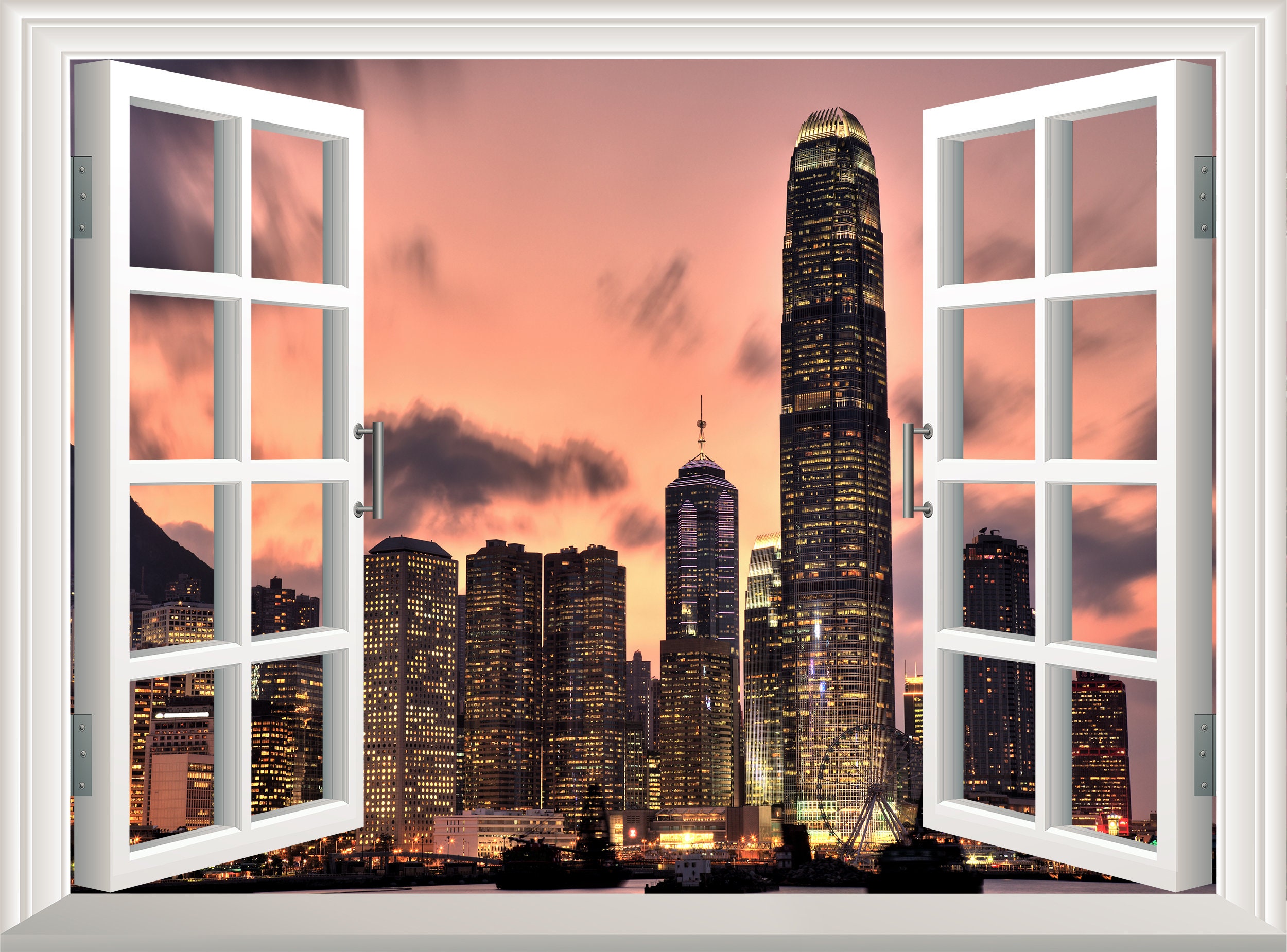 Hong Kong City Wall Sticker 3D Window Effect View Skyline Wall Etsy
